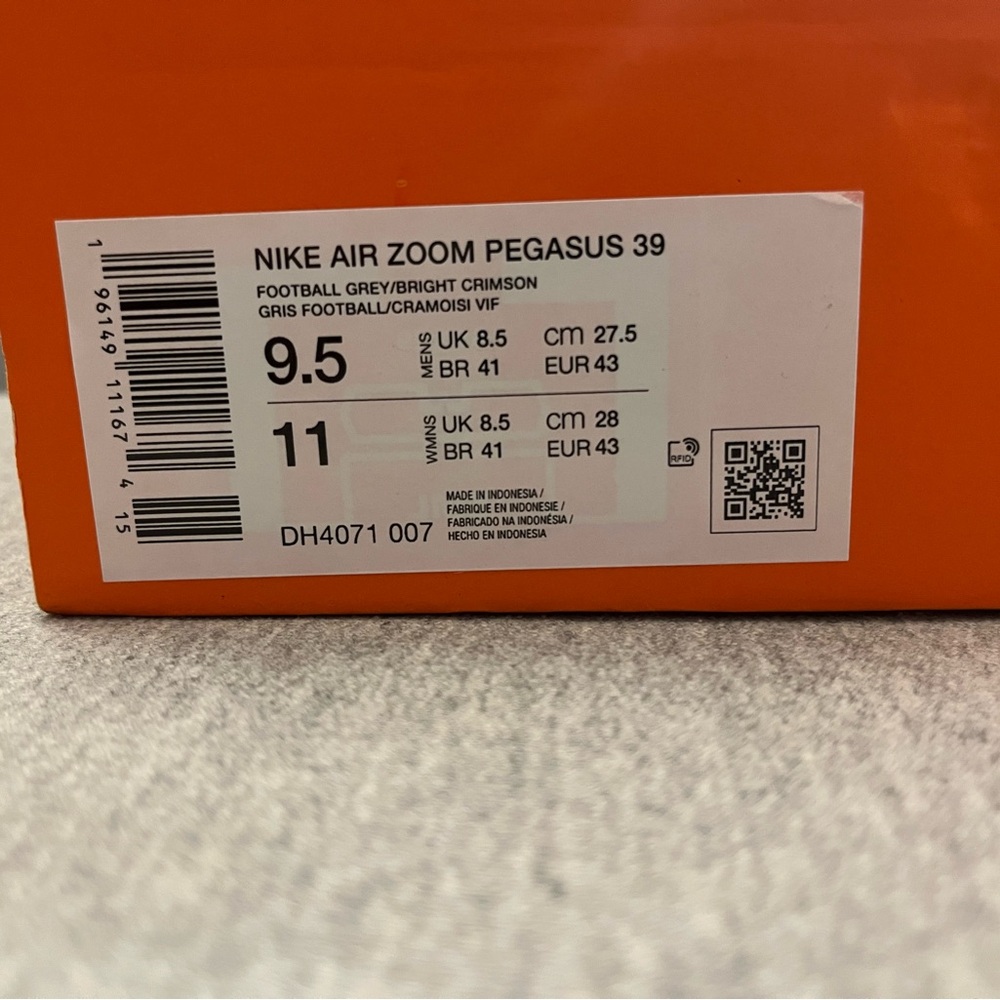 Nike Air Zoom Pegasus 39 Grey Bright Crimson Men's Shoe Size 9.5 DH4071-007 - Picture 11 of 11